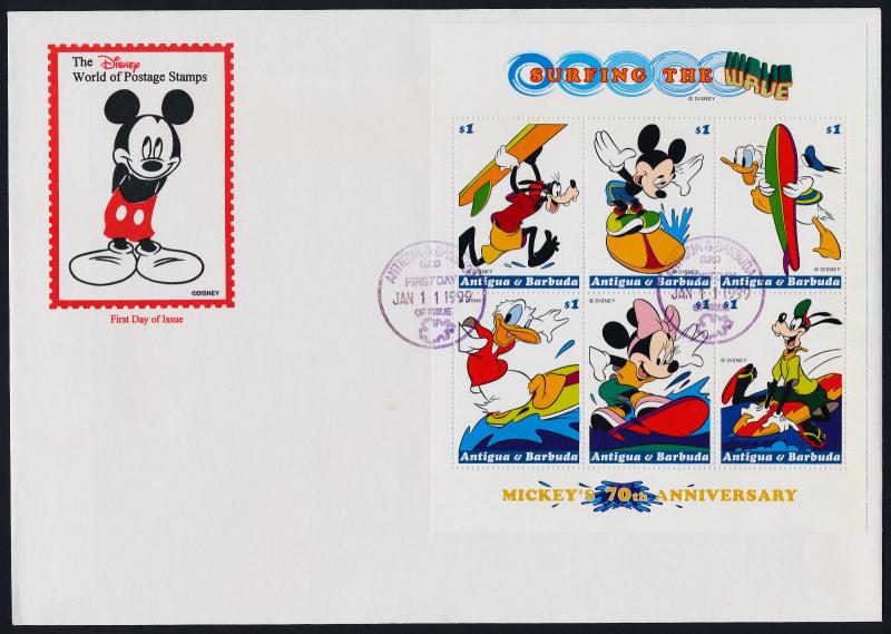 Antigua 2221,2221G on FDC - Disney Characters in Water Sports, Surfboard, Yacht