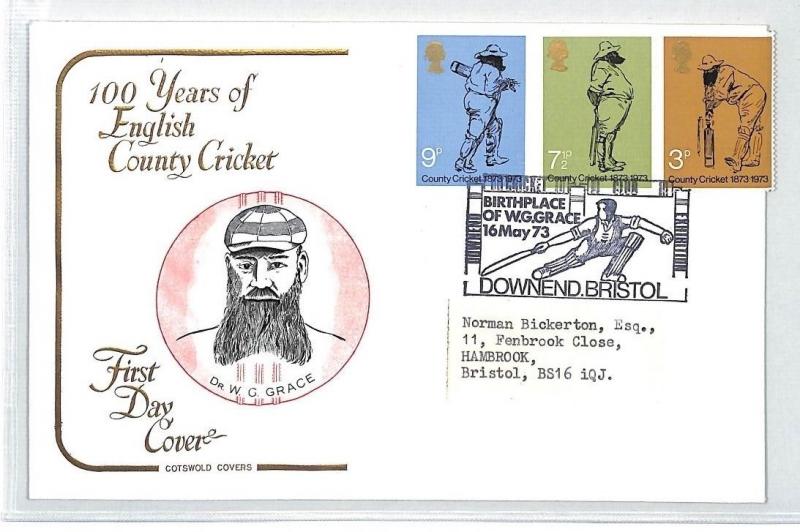 GB FDC 1973 CRICKET *Downend Bristol* W.G.Grace POSTMARK First Day Cover BM356