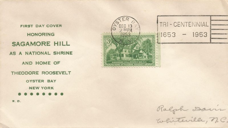 Sagamore Hill Roossevelt Home FDC 12-12-53 RD Cachet !#3