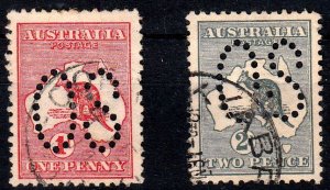 1913 AUSTRALIA KANGAROO OFFICIAL 2 VALUES (SG# O2d-O3) FINE USED