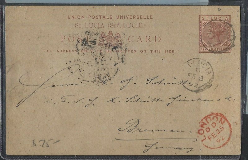ST LUCIA  COVER (P1612BB) 1892 QV 1 1/2D PSC SENT TO GERMANY 