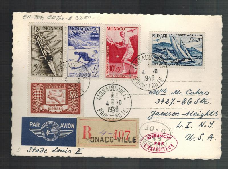 1949 Monaco Cover Postcard to USA # CB7-CB10 complete set Olympics