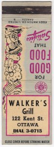 Canada Revenue 1/5¢ Excise Tax Matchbook WALKER'S GRILL Ottawa, Ont.