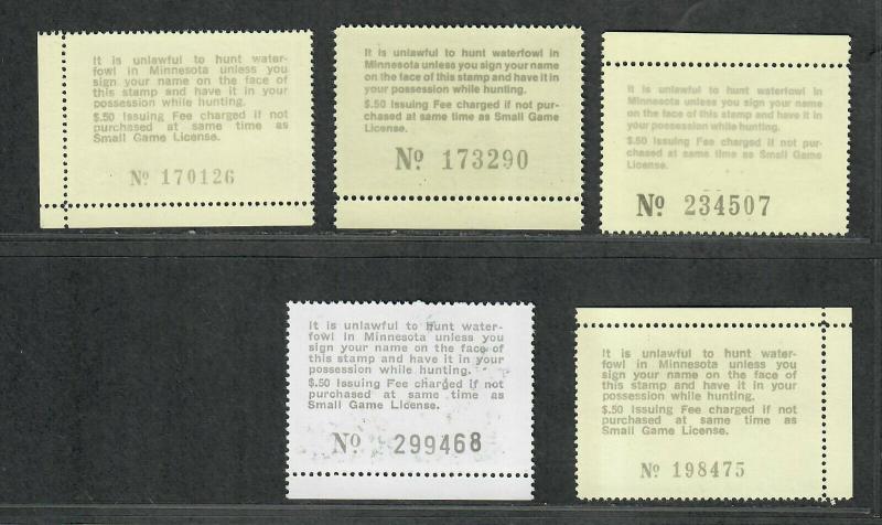 Minnesota Sc#1-5 M/NH/VF, State Duck Stamps, Cv. $60.50 