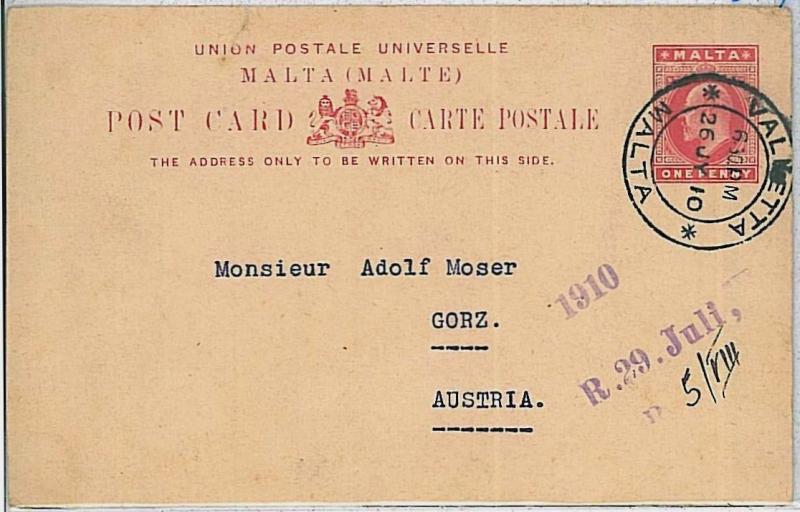 POSTAL HISTORY - POSTAL STATIONERY -  MALTA 1910 : ONE penny  to AUSTRIA