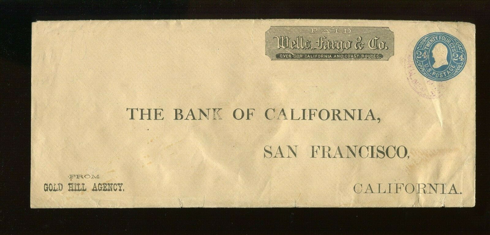 U71 Washington Wells Fargo Stamped Used Envelope Virginia City Nevada to Calif. United States