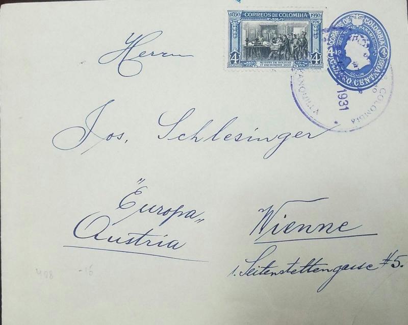 O) 1930 COLOMBIA, DEATH OF BOLIVAR 1830 4 CENTAVOS, POSTAL STATIONERY COLON 4 CE 