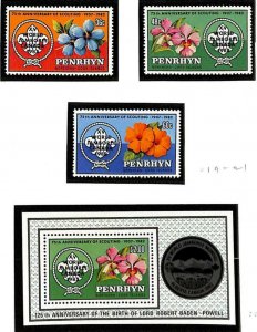 PENRHYN ISLANDS BOY SCOUTS SCOTT #219-22 OVPT STAMP SET & SOUVENIR SHEET MNH '83