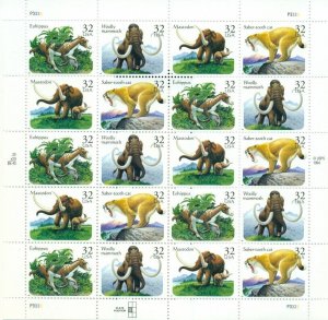 US: 1996 PREHISTORIC ANIMALS; Complete Sheet Sc 3077-80; 32 Cents Values