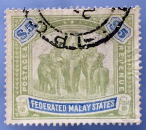 Malaya Federated Malay States FMS 1908 Elephants $5 MCCA Used SG#50 M2230