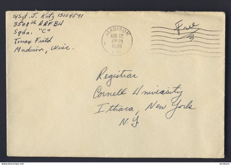 USA MILITARY 1945 AUG 12 MADISON WIS > ITHACA, NEW YORK, N.Y. - COVER