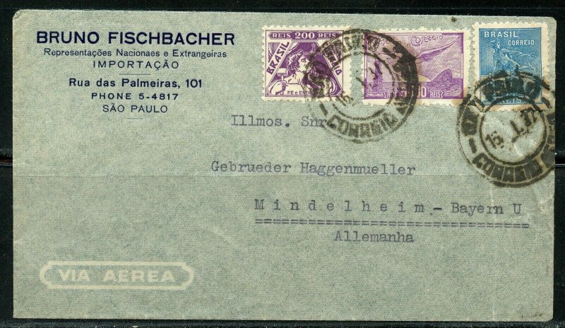 BRAZIL SAO PAULO SP 1/16/37 AIR MAIL COVER TO MINDELHEIM / BAYEM AS SHOWN 2