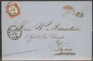 Italy 1862 Sardegna Sc 13 Milano to Lyon France Cover G112361