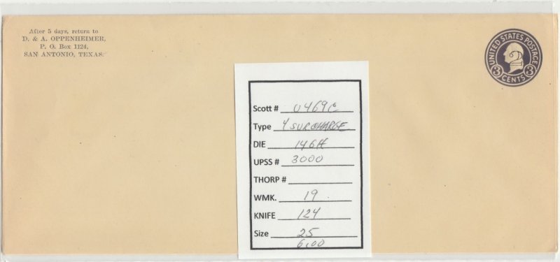 Scott# U469 Die 146H UPSS#3000 US envelope.