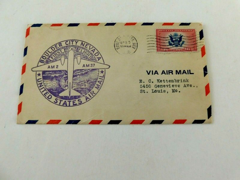 TWA First Flight, Boulder City NV to St.Louis MO 1938, AM2 & AM37, #CE2 Spec Del