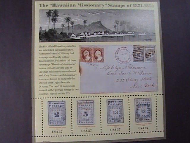 U.S.# 3694-MINT/NEVER HINGED--PANE OF 4--HAWAIIAN MISSIONARY STAMPS---2002