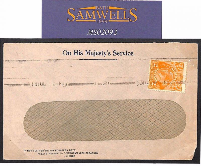 AUSTRALIA Sydney *O.S* OFFICIAL PERFIN Window Envelope ex TREASURY 1921 MS2093*