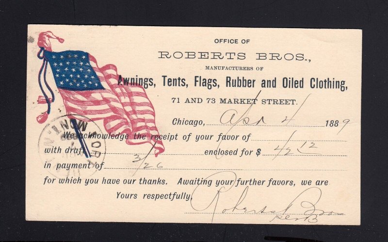 ADVERTISING POSTAL CARD: UX9 Chicago, IL 1889 Awnings, Tents, Flags - RED/BLUE