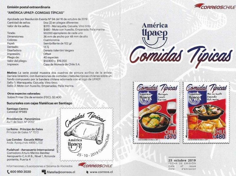 #2581 CHILE 2019 UPAEP AMERICA TYPICAL MEATS YV 2153-4 POST OFFICIAL BROCHURE