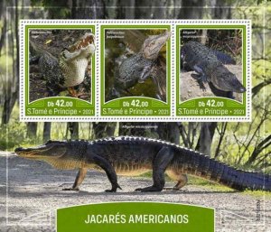 St Thomas - 2021 American Alligators, Caiman - 3 Stamp Sheet - ST210533a