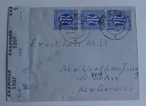 US  #28 cat.$330.00 HILDEN 21-6-46 CENSORED COVER TO NEW YORK