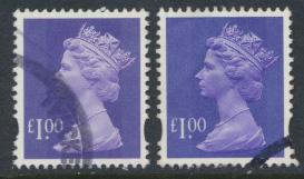 Great Britain SG Y1743 SC# MH279 Machin £1 Used x2  Bluish Violet see phosph...