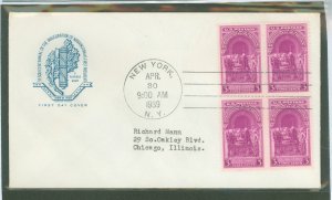US 854 1939 3c washington inauguration, block of 4 on an addressed, typed fdc with a house of farnum cachet