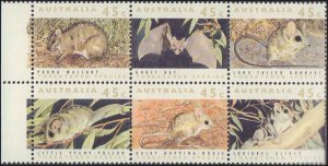 Australia #1235, Complete Set, Block of 6, 1992, Animals, Bats, Never Hinged