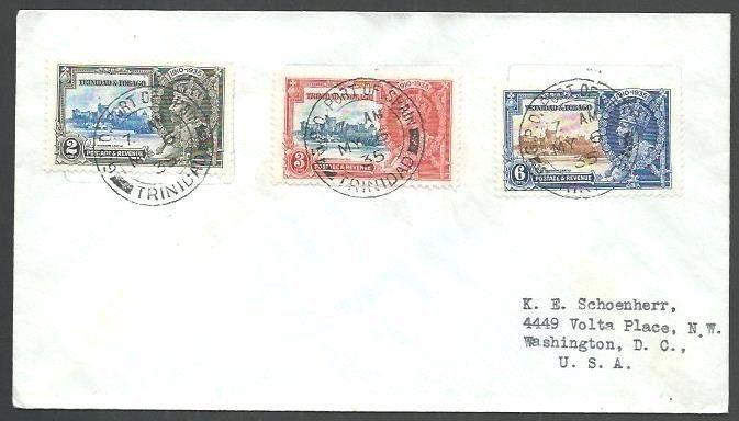 TRINIDAD 1935 Jubilee 3 values - first day cancels on cover................62074