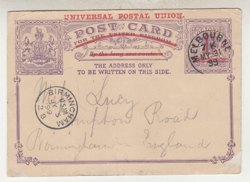 VICTORIA, Postal Card, 1899 1 1/2d. on 1d. UPU, Melbourne to GB.