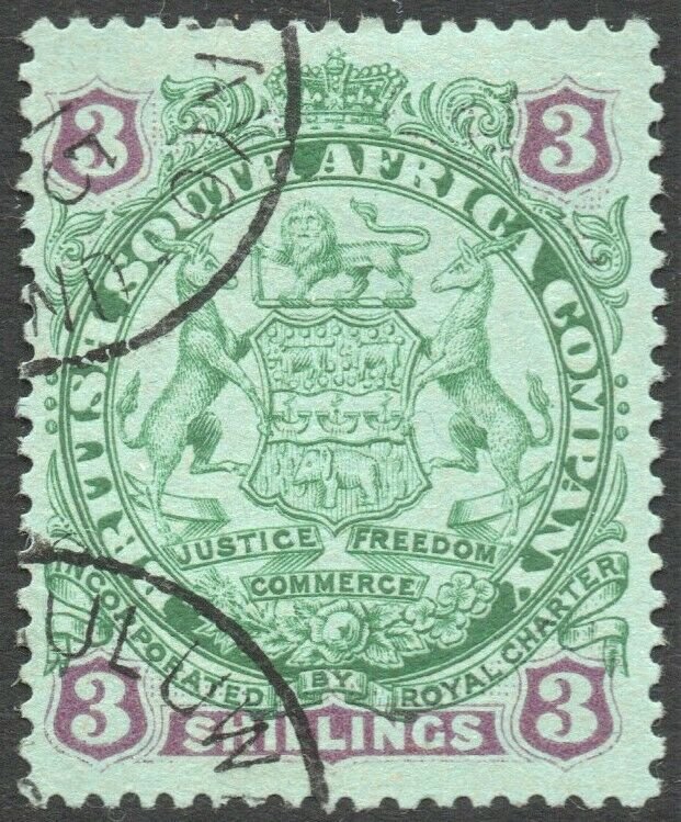 RHODESIA-1896-97 3/- Green & Mauve/Blue Sg 36 FINE USED V43859