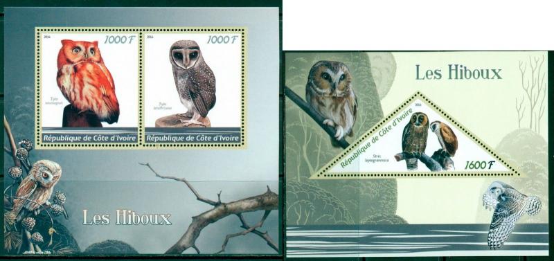 Owls Bird Fauna Ivory Coast MNH stamp set 2val and souvenir sheet