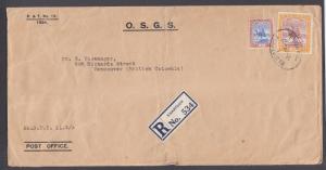 Sudan Sc 42, 43 on oversize 1937 Registered Official cover to Vancouver, Canada