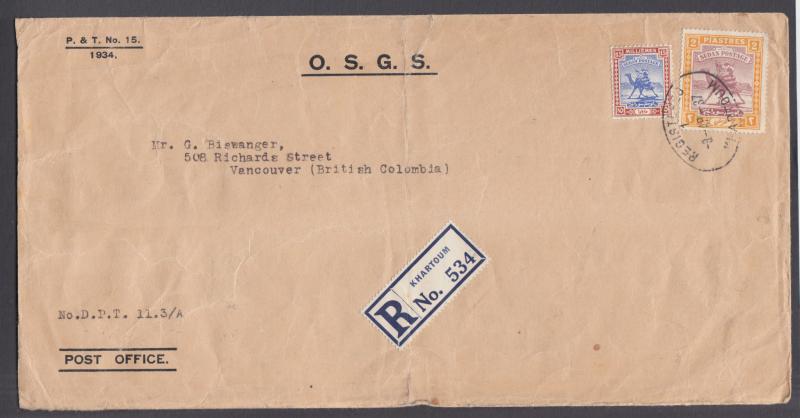 Sudan Sc 42, 43 on oversize 1937 Registered Official cover to Vancouver, Canada