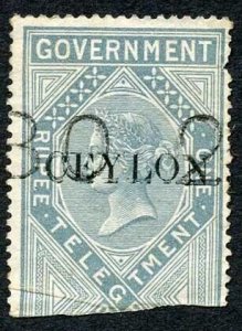 Ceylon Telegraph SGT4 1r Grey India opt Ceylon with Colombo cancel Cat 15