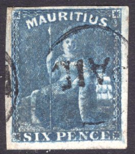 Mauritius 1859 6d Blue Scott 18 SG 32 VFU Cat $57