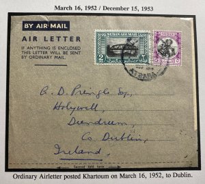 1952 Atbara Sudan Air Letter Cover To Dublin Ireland