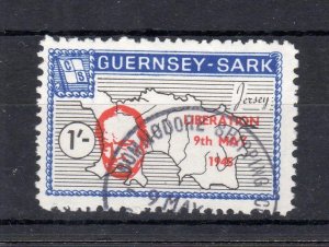 GUERNSEY-SARK CHURCHILL 1/- USED WITH ORANGE-RED OVERPRINT