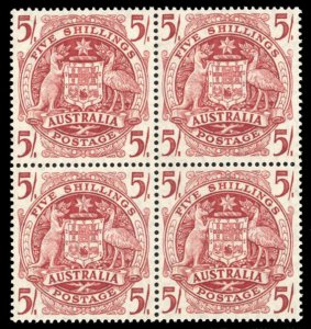 Australia #218 Cat$18, 1949 5sh dark red, block of four, never hinged