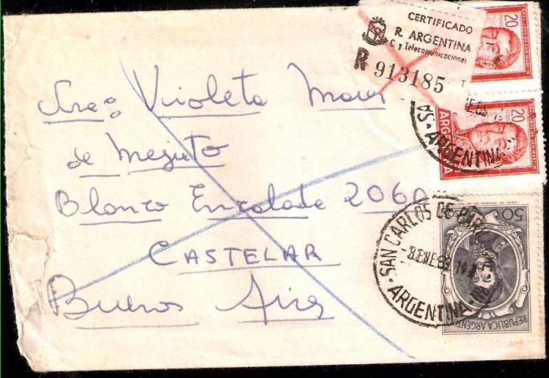 AARG-324 ARGENTINA REGISTERED LETTER PROC Y RIQ 50 Ps+20PSx2 SMALL SIZE