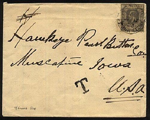 SIERRA LEONE 1922 cover to USA with T tax mark - Freetown cds on reverse...19310