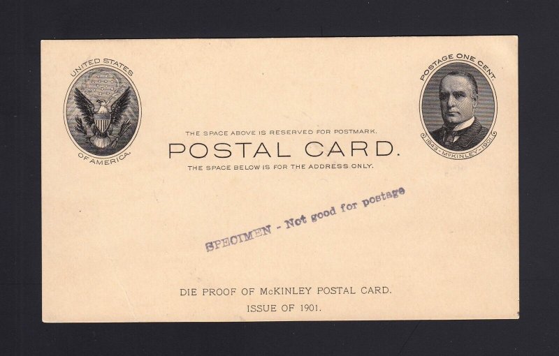 UX17 FULL FACE McKINLEY Die Proof/Specimen Postal Card - RARE