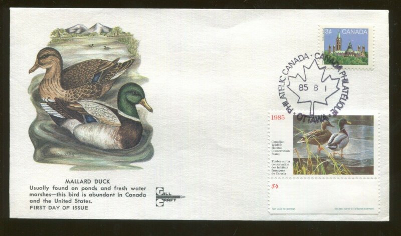 1985 Ottawa Canada Mallard Duck Stamp #CN1 Gill Craft Cachet First Day Cover
