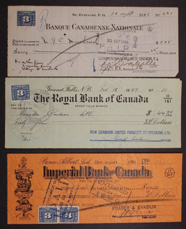 CANADA REVENUE FX64 EXCISE TAX STAMPS USED ON CHEQUES