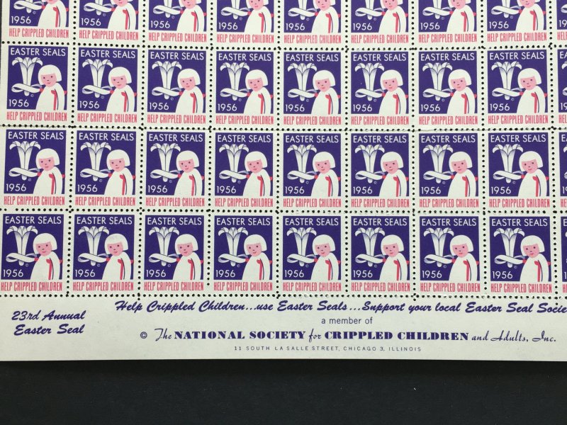 1956 Easter Seals Crippled Children Label, Cinderella Stamp Full Sheet of 100