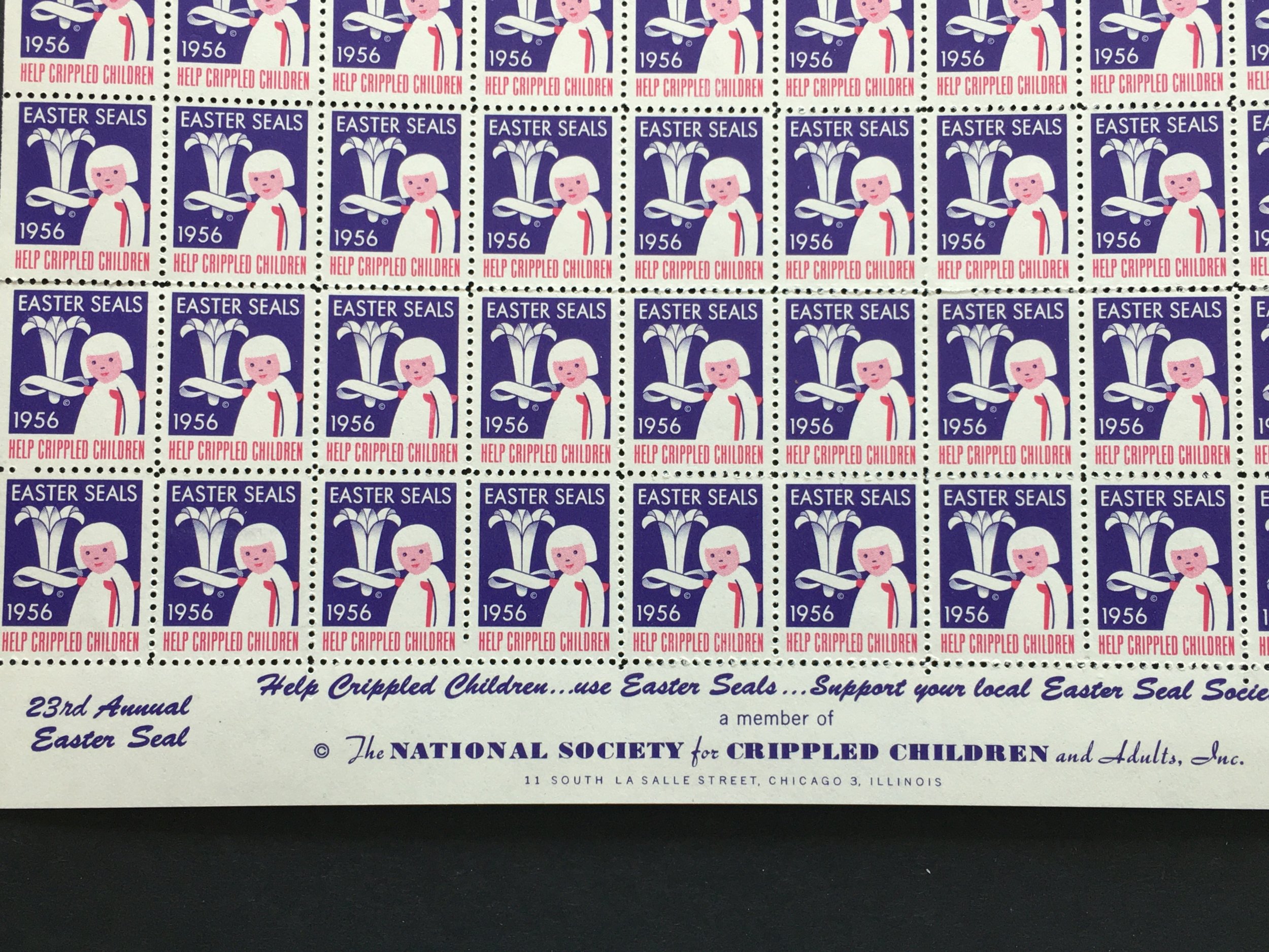1956 Easter Seals Crippled Children Label, Cinderella Stamp Full Sheet