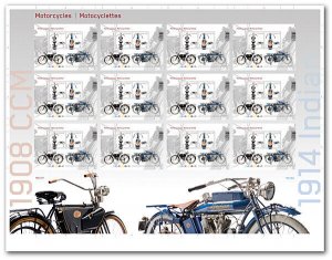 qf. MOTORCYCLES = 1914 INDIAN & 1908 CCM  = UnCut press sheet CANADA 2013