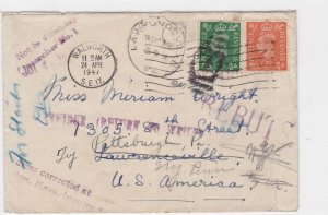 england to america 1947 multi cancelled unclaimed stamps cover ref r10806