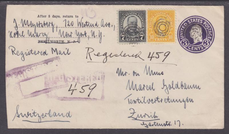 US Sc 639, 642 Uprate U439. 1937 Registered Entire, NY-Switzerland