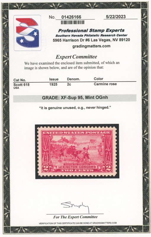 USA 618 - 2 cent Lexington Concord - PSE Graded Cert: XF/Superb 95 Mint OGnh